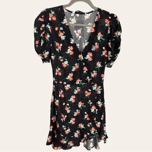 Zara Black Floral Puff Sleeve Mini Dress Small NWT
